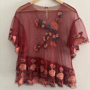 Zara Sheer Embroidered Floral Top Cropped Bohemian Festival Hippie Boho Romantic